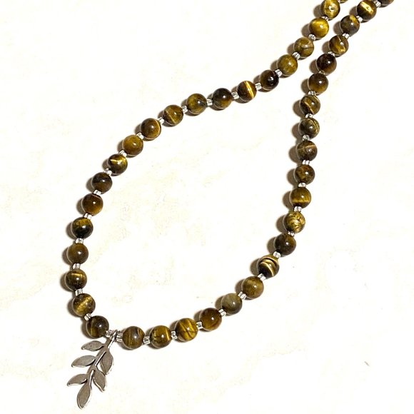 Tigers Eye Stone Silver Leaf Branch Necklace, Genuine Gemstone Beaded Necklace - Picture 6 of 10